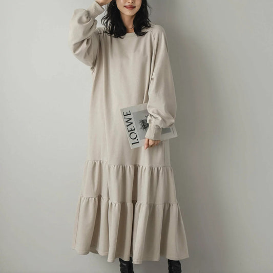 Long-sleeved ruffled hoodie dress Autumn casual loose-fit layered crew-neck pullover dress Long dress with pockets
