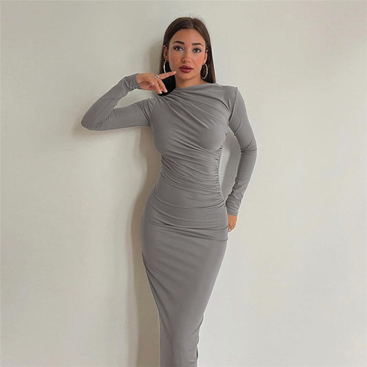 Women's Sexy Round Neck Long Sleeve Elegant Ruched Stretchy Bodycon Party Long Dress Work Office Midi Pencil Dress