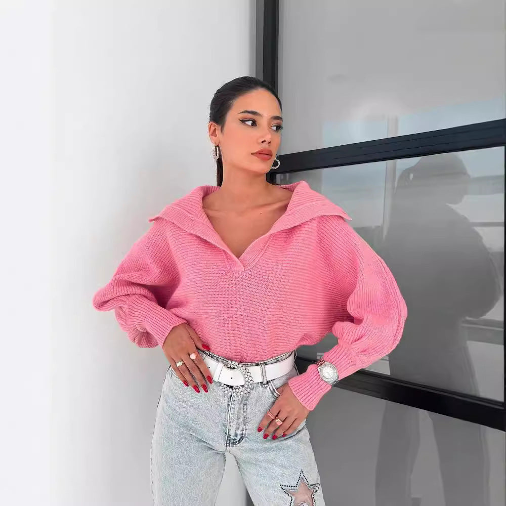 Women's Pink Oversized Collared V Neck Sweater Cozy Knit Pullover Tops Loose Fit Crew Neck Seeaters for Fashion Looks 2025