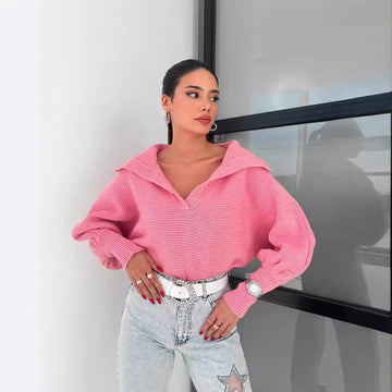 Women's Pink Oversized Collared V Neck Sweater Cozy Knit Pullover Tops Loose Fit Crew Neck Seeaters for Fashion Looks 2025