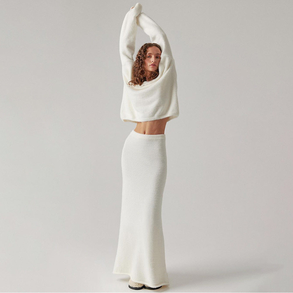 Women Knitted Suit Autumn Winter Commuting Knitted V-Neck Sweater Skirt Set