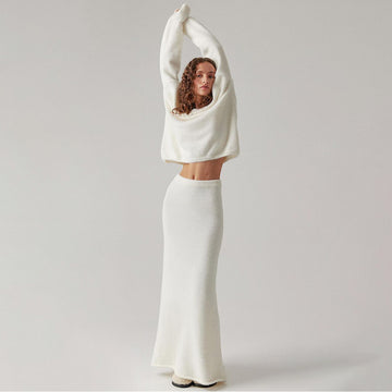 Women Knitted Suit Autumn Winter Commuting Knitted V-Neck Sweater Skirt Set