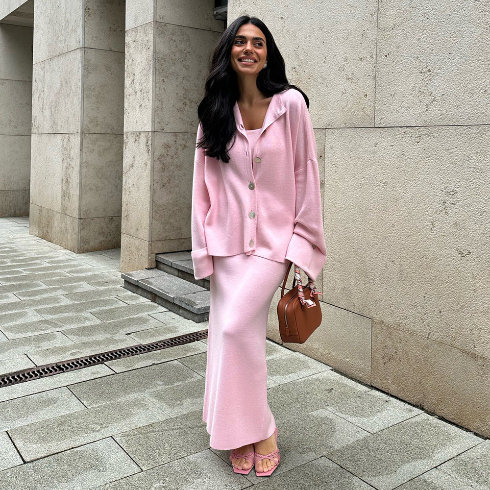 Knit Long-Sleeved Cardigan + Strapless Vest + Skirt Set European and American Style Women's Autumn/Winter Knitwear Ensemble