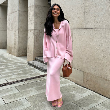 Knit Long-Sleeved Cardigan + Strapless Vest + Skirt Set European and American Style Women's Autumn/Winter Knitwear Ensemble