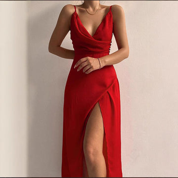 Women's Sexy V-Neck Camisole Slit Fashionable Slim Fit Dress