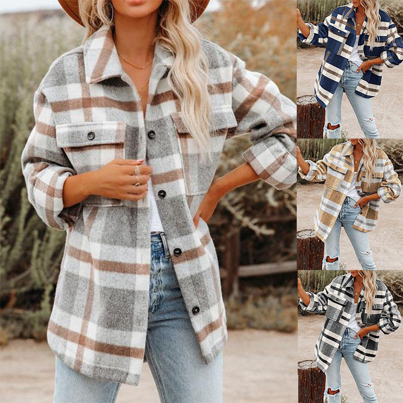 Womens Casual Plaid Button Down Long Sleeve Shirts Flannel Shacket Jacket Coats