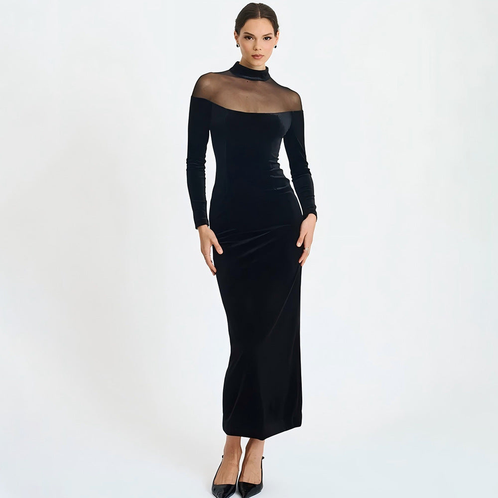 Seductive Mesh-Panel Velvet Dress with Long Sleeves Fitted Vintage-Style Cocktail Dress Mid-Length Pencil Skirt