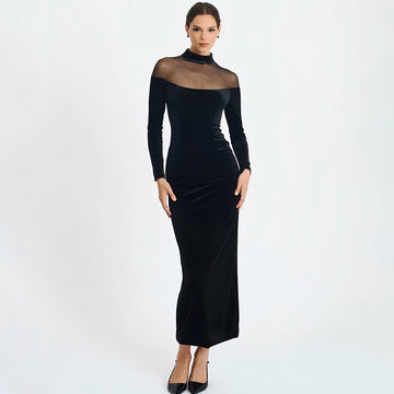 Seductive Mesh-Panel Velvet Dress with Long Sleeves Fitted Vintage-Style Cocktail Dress Mid-Length Pencil Skirt
