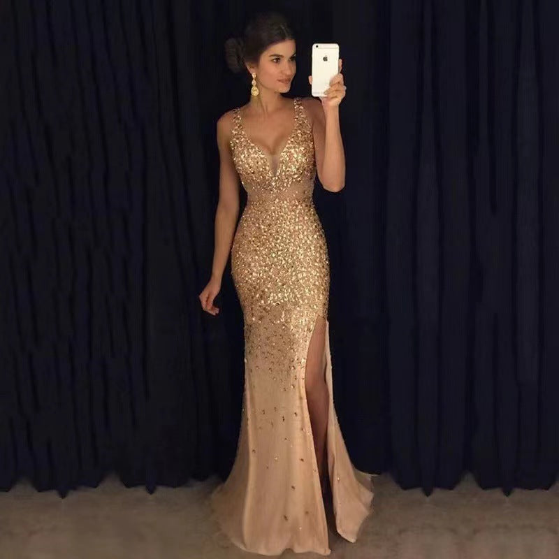 Women's Maxi V Neck Slit Heavy Gold Sequin Sleeveless Prom Evening Gown