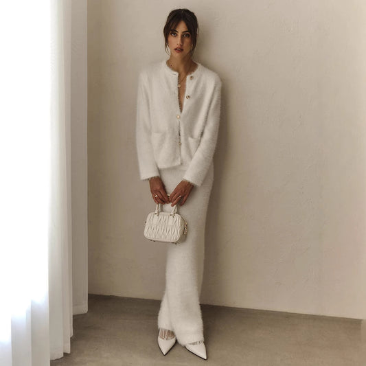 Women's Fuzzy 2 Piece Sweater Sets Fluffy Button Down Long Sleeve Cardigan Bodycon Maxi Skirt Outfits