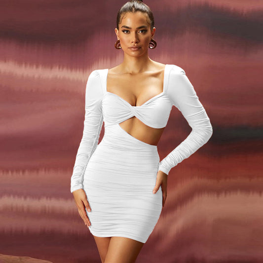 Women's Long Sleeve Dresses Sexy Low Cut Round Neck Dress Elegant Bodycon Dress Beach Party Short Skirt