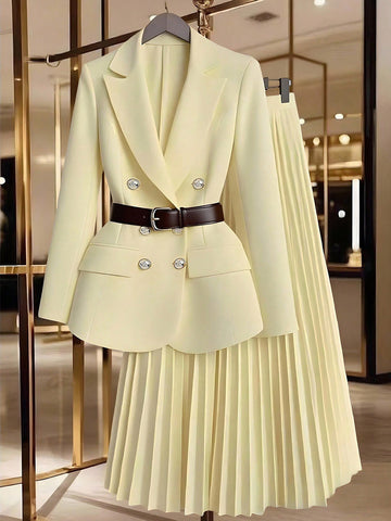Women's Fake 2 Piece Dresses Dressy Long Sleeve V Neck Blazer Tops and Pleated Long Skirt Set Dress Casual Suit