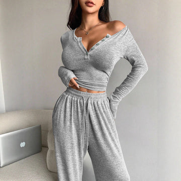 Women's Two-Piece Casual Set Top Button-Front Slim-Fit Casual Long-Sleeved V-Neck T-Shirt Bottom