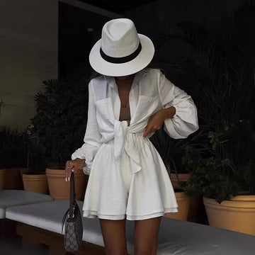 Women Loose Shirt Shorts Two-Piece Set Lapel Lantern Sleeves Single Breasted Blouses Loose Short Pants Sets Outfit