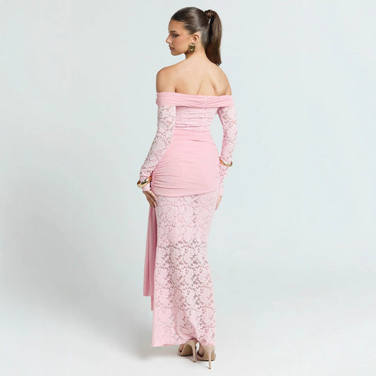 Womens Sexy Strapless Long Sleeve Lace Crochet See Through Stretch Irregular Ribbon Long Dress