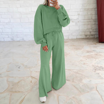 Off-the-shoulder puff-sleeve cropped jumper paired with drawstring wide-leg trousers Women's ensemble