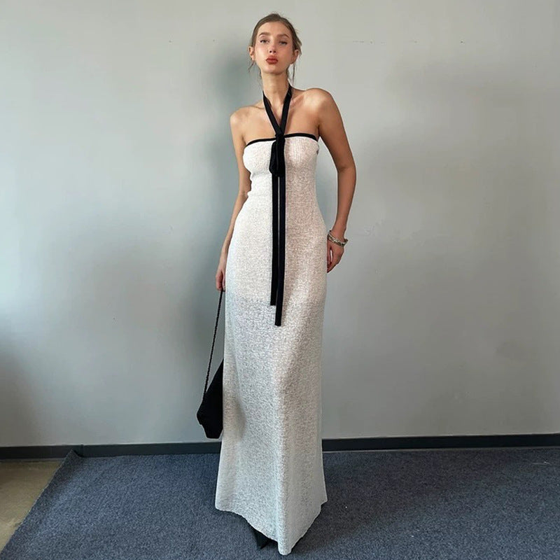 Women's Halter Neck Ruched Strapless Color-Blocking Bow Design Sleeveless Tube Bodycon Maxi Dresses