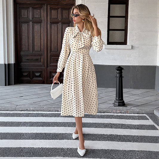 Classic French Elegant Polka Dot Dress for Women | Round Neck Long Sleeve Midi Dress