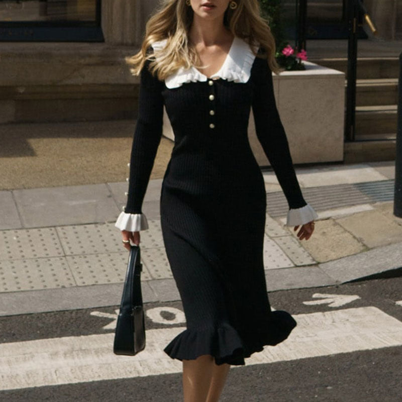 Women's Elegant Colorblock Ruffle Hem Hem Sweater Dress Winter Sweater Dresses