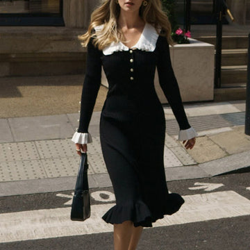 Women's Elegant Colorblock Ruffle Hem Hem Sweater Dress Winter Sweater Dresses