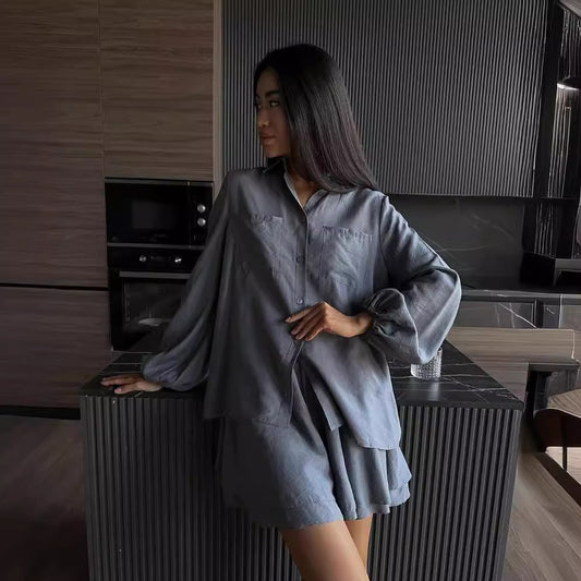 Women Loose Shirt Shorts Two-Piece Set Lapel Lantern Sleeves Single Breasted Blouses Loose Short Pants Sets Outfit