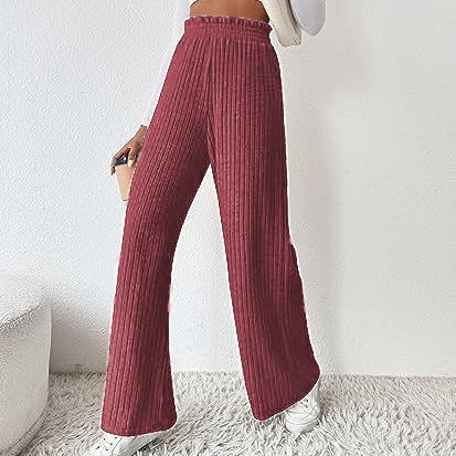 Women Winter Pleated Medium Strecth Casual Loose Elastic Waist Knitted Trousers Wide Leg Pants