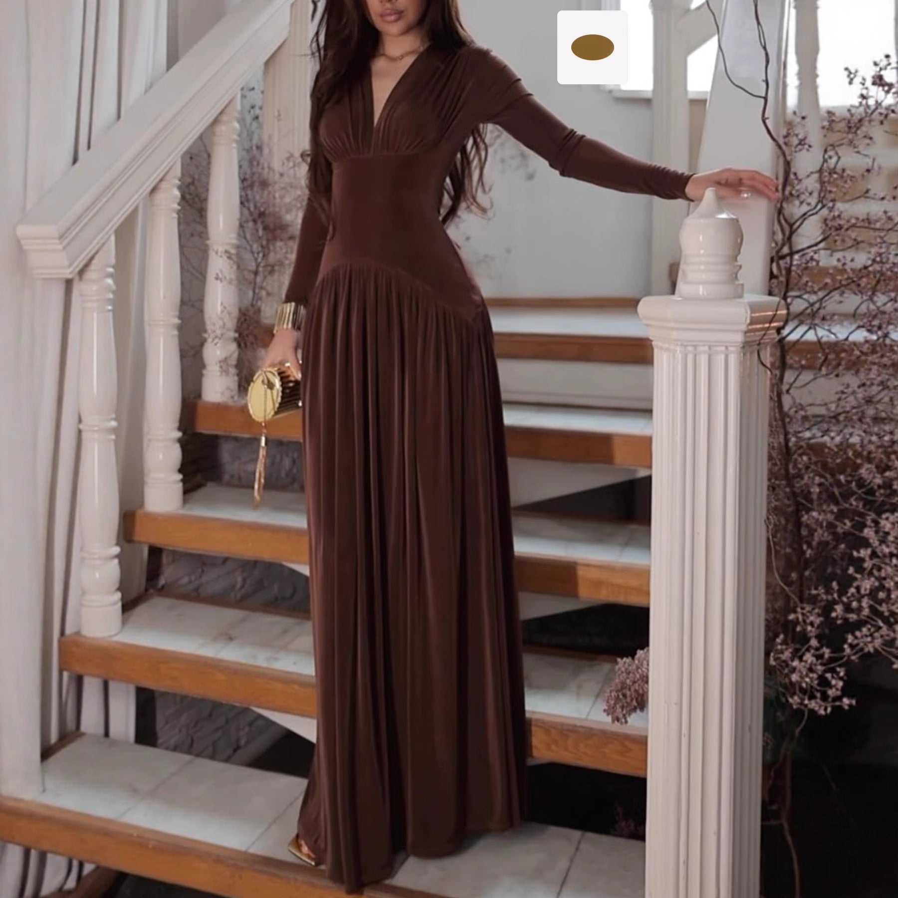 Long Sleeve Maxi Dresses for Women 2025 Fall Casual V Neck Flowy Ruched Elegant Wedding Guest Dress