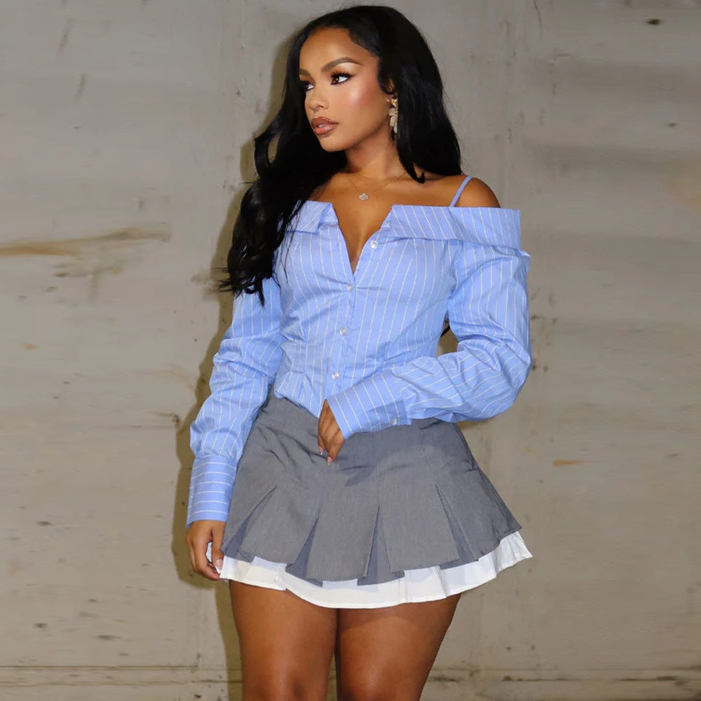 Women's Striped Button Down Shirts Casual Off Shoulder Spaghetti Strap Long Sleeve Tops Office Work Blouses