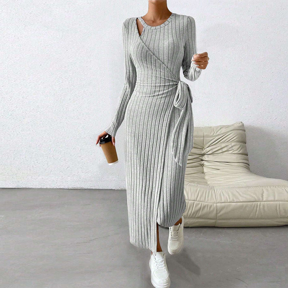 Women's Knitting Sweater Bodycon Dress Asymmetric Knot Maxi Long Sleeve Fit Round Neck Solid Dresses Woman