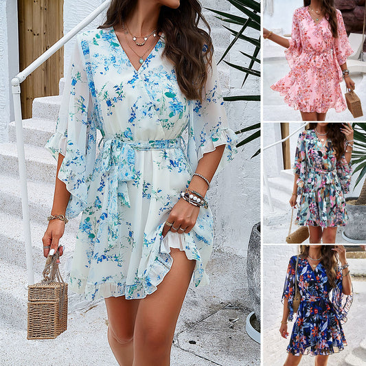 Women Summer Bell Sleeve Dress Causal Floral Printed V Neck Mini Dress Elegant Chiffon Wedding Guest Dress with Belt