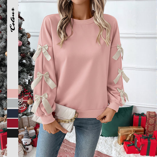 Women Trendy Long Sleeve Crewneck Valentines Sweatshirts with Bows Cute Christmas Holiday Tops
