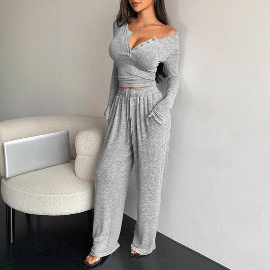 Women's Two-Piece Casual Set Top Button-Front Slim-Fit Casual Long-Sleeved V-Neck T-Shirt Bottom