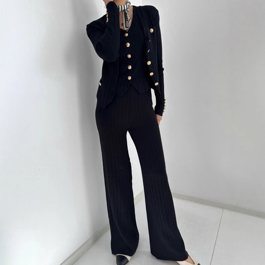 Women's Three Piece Cardigan Set Sweater Sets Women 3 Piece Outfits Long Sleeve Striped Cardigan Top Wide Leg Pants