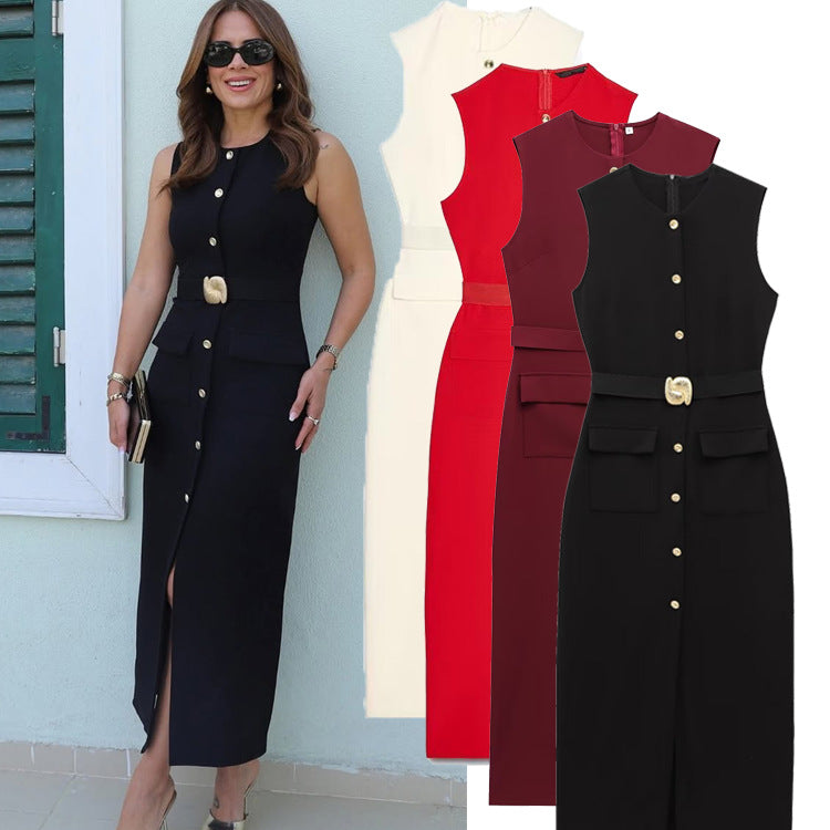 Women's Sleeveless O Neck Button Bodycon Sexy Nightclub Party Belted Dress