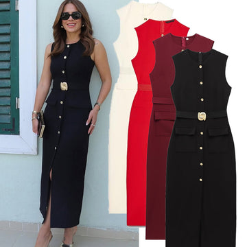 Women's Sleeveless O Neck Button Bodycon Sexy Nightclub Party Belted Dress