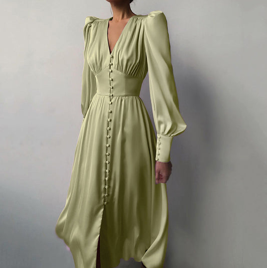 Women's Puff Sleeve Satin Maxi Dress Long Lantern Sleeve Button Down Ruffle Single Breasted Vintage Midi Dresses