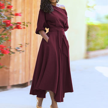 Women's Elegant Batwing Sleeve Cocktail Party Dress Solid Casual Loose Ruched Slit Midi Dress with Belt