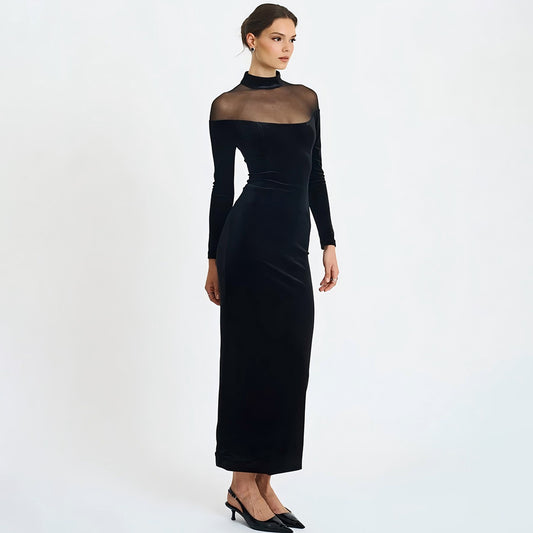 Seductive Mesh-Panel Velvet Dress with Long Sleeves Fitted Vintage-Style Cocktail Dress Mid-Length Pencil Skirt