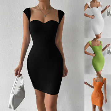 Women's Sweetheart Neckline Cap Sleeve Bodycon Mini Dress Sexy Sleeveless Square Neck Party Pencil Dresses