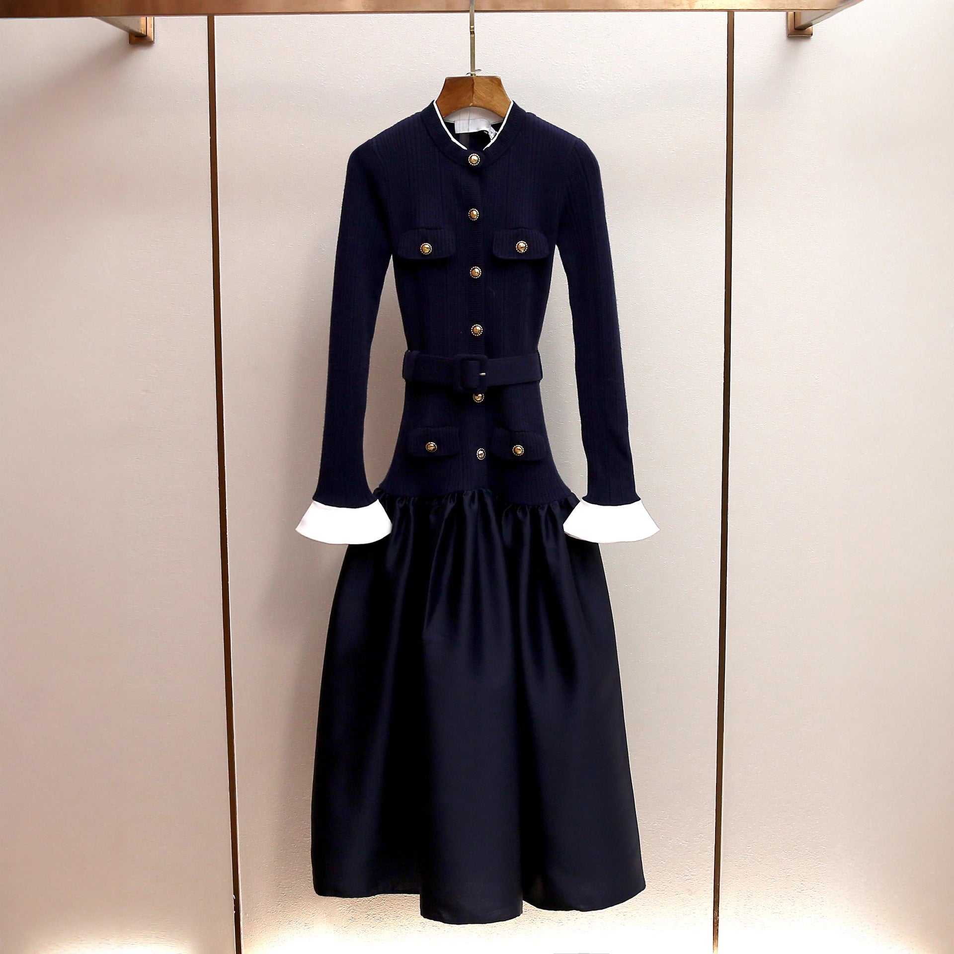 Women Slim Spliced Button Dress Long Sleeve Round Neck High Waist French Elegant Outfit