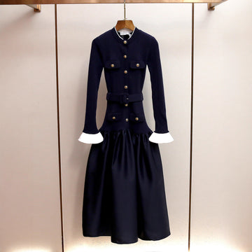 Women Slim Spliced Button Dress Long Sleeve Round Neck High Waist French Elegant Outfit