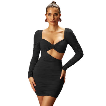 Women's Long Sleeve Dresses Sexy Low Cut Round Neck Dress Elegant Bodycon Dress Beach Party Short Skirt