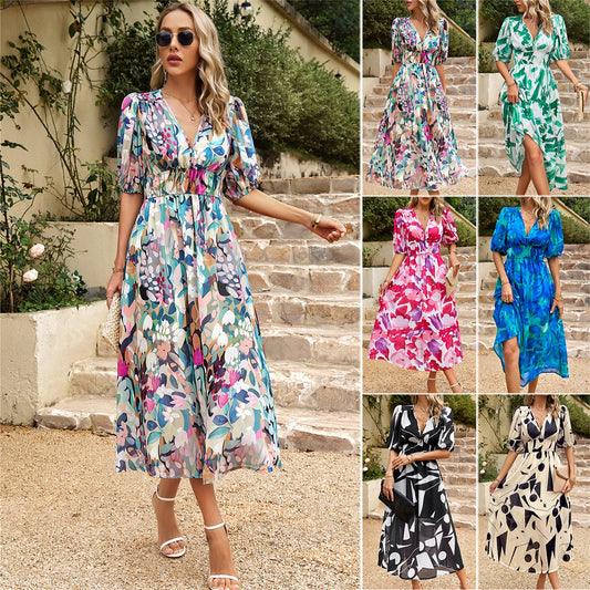 Women's Summer Floral Dress Wrap V Neck Short Sleeve Belted Ruffle Beach A-Line Bohemian Maxi Dresses