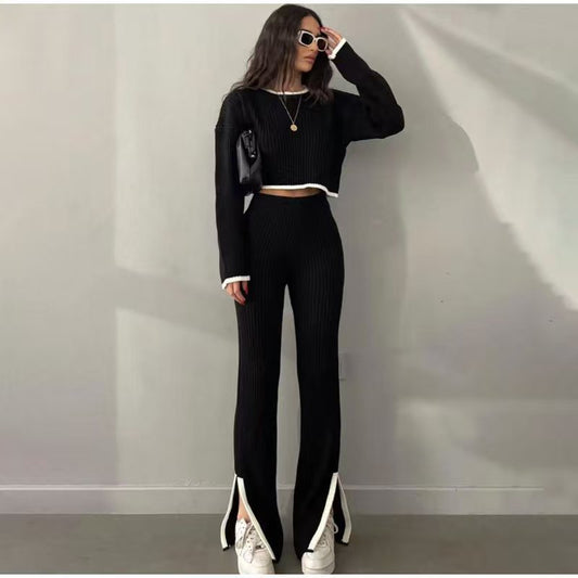 Sets 2 Piece Outfit Long Sleeve Knitted  Two Piece Outfit for Women Top +High Waist Pants