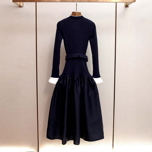 Women Slim Spliced Button Dress Long Sleeve Round Neck High Waist French Elegant Outfit