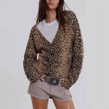 Women Leopard Print Long Sleeve V Neck Button Down Sweater Cardigan Casual Knit Lightweight Fall Winter Outwear Tops