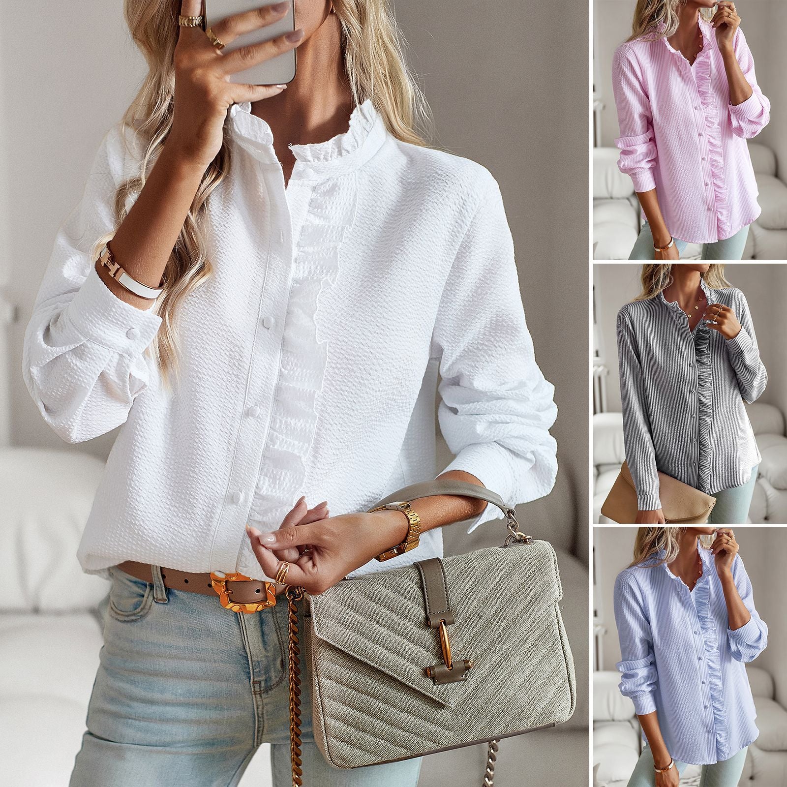 Women's Ruffle Trim Button Up Long Sleeve Blouse Top Cotton Stand Collar Elegant Work Shirt