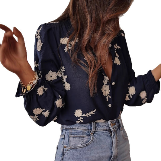 Womens Vintage Embroidered Floral Button Down Shirts Casual Fall Ruffled V Neck Lantern Long Sleeve Blouse Top