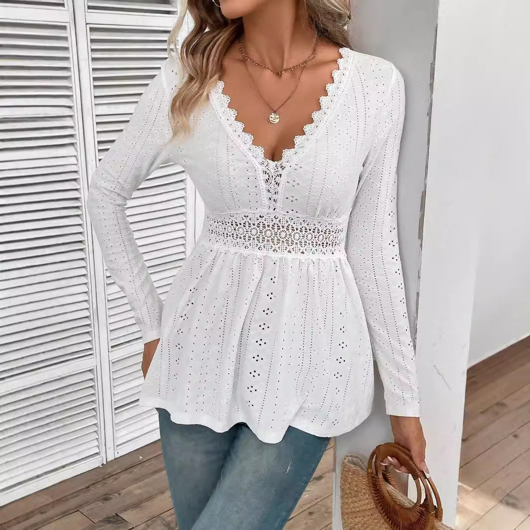 Elegant Ladies' Solid-Colour V-Neck Blouse with Lace-Trimmed Sleeves