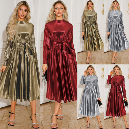 Women Fall Sparkle Long Sleeve Flowy Metallic Midi Dress Formal Party Disco Club Going Out Long Dresses with Belt